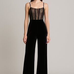 Mac Duggal 11748 Black Lace Corset Velvet Jumpsuit NWT Size 2